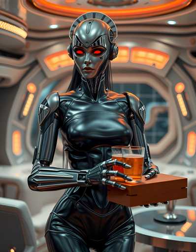 A woman with red eyes and a silver helmet is holding an orange drink in her right hand while wearing a black outfit that includes a silver helmet on her head. She stands against the backdrop of a futuristic room filled with various lights and machines.