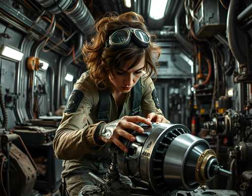 A woman with curly hair wearing a beige jumpsuit and goggles is working on a large machine in what appears to be an industrial setting. The machine has a silver body and black gears that are clearly visible under the light.