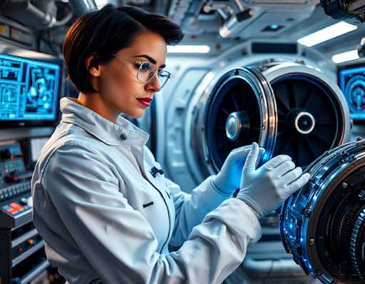 A woman in a white lab coat and gloves meticulously examines a complex, glowing spacecraft component within a futuristic, brightly lit space. The image showcases a detailed, high-tech environment with digital displays and intricate machinery, emphasizing precision and advanced technology.
