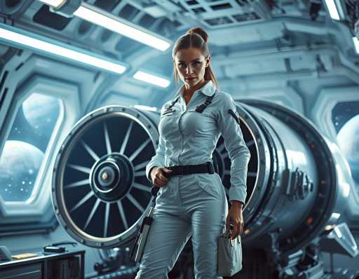 A woman dressed in a white jumpsuit with a black belt and carrying a bag stands in front of a large engine on the inside of a spaceship. The background features a blue wall with two windows that reflect the interior lights from above.