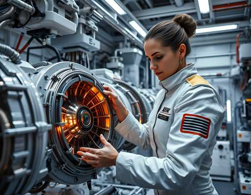 A woman wearing a white jumpsuit with red and black stripes is examining an orange machine in a large industrial room filled with various machines and equipment.