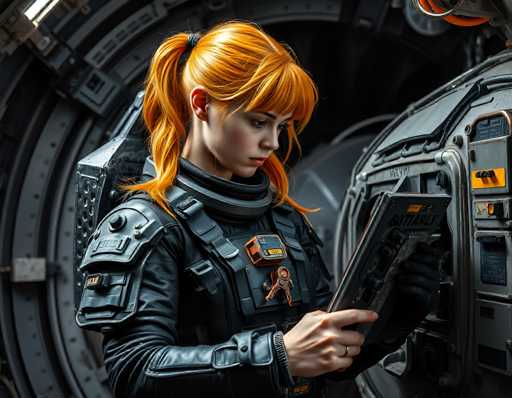 A young woman with vibrant orange hair, clad in a dark, futuristic spacesuit, intently studies a digital tablet. She's positioned within a complex, metallic spaceship interior, surrounded by intricate panels and glowing lights. The art style is detailed and realistic, emphasizing a gritty, sci-fi aesthetic with a focus on texture and depth.