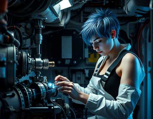 A young, blue-haired person in a white jumpsuit is meticulously working on a complex, futuristic mechanical device. The scene is dimly lit with cool blue and purple tones, highlighting the intricate details of the machinery. The person's hands are focused on a glowing component, suggesting precision and expertise in their task. The overall atmosphere is one of advanced technology and focused work.