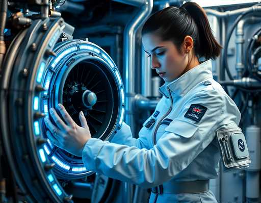 A young woman in a futuristic white spacesuit is carefully examining a complex, glowing blue engine component. She's wearing a light-colored spacesuit with intricate details and has her dark hair pulled back in a ponytail. Her hands are gently holding the engine, and she's looking intently at its inner workings with a focused expression. The background is filled with other metallic components and pipes, all bathed in the same cool blue light as the engine. The overall scene is one of advanced technology and meticulous work, with a sense of calm concentration on the part.