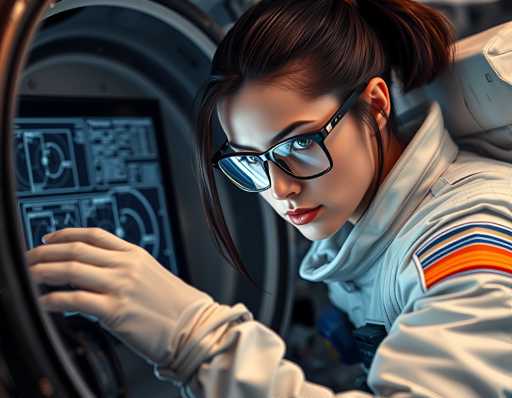 A woman wearing a white jumpsuit with orange and blue stripes is seated inside a vehicle, looking at the camera while holding onto the steering wheel.