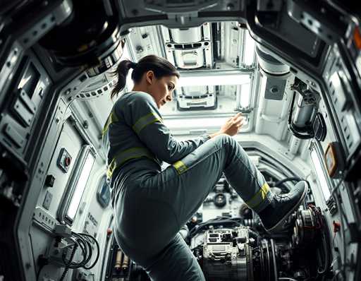 An astronaut in a gray jumpsuit is working inside a spacecraft, examining a complex mechanical component. The image features a close-up perspective, emphasizing the astronaut's focused posture and the intricate details of the spacecraft's interior. The art style is realistic, highlighting the technical environment and the astronaut's meticulous work.