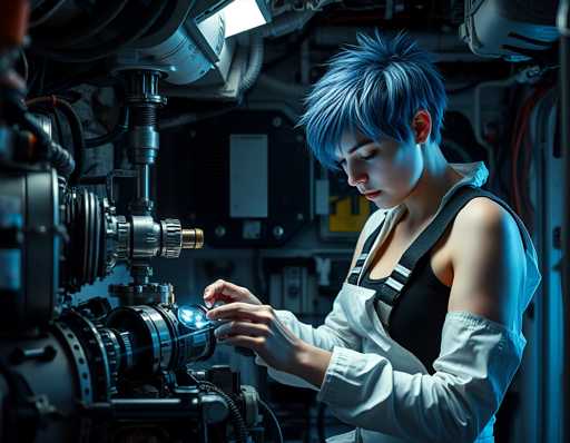 A young woman with blue hair is working on a camera inside a dark room filled with various machines and equipment. She is wearing a white shirt and black pants, standing next to a large machine that has a long hose attached to it. The background shows more of the room's machinery and equipment, indicating a well-equipped workspace for her work.