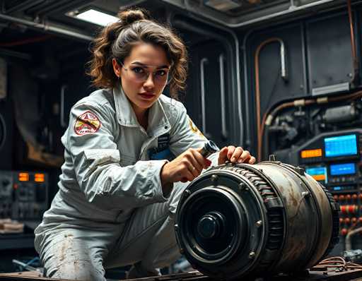 A determined woman in a worn, gray spacesuit kneels, intently working on a large, metallic engine component. The image is a detailed, slightly gritty digital painting with a focus on texture and intricate mechanical elements, bathed in cool, industrial lighting. The spatial relationship places the woman as the central focus, dwarfed by the complex machinery she's working on.