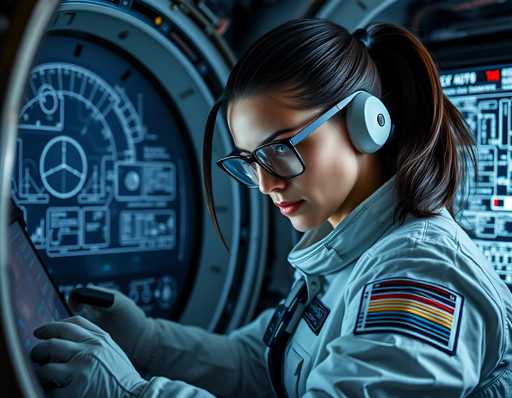 A woman wearing a white jumpsuit with a blue and yellow patch on the chest is seated at a desk inside a spaceship cockpit, focused on her work.