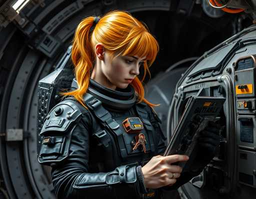 A woman with orange hair is standing inside a spaceship, wearing a black jumpsuit and holding a piece of paper.