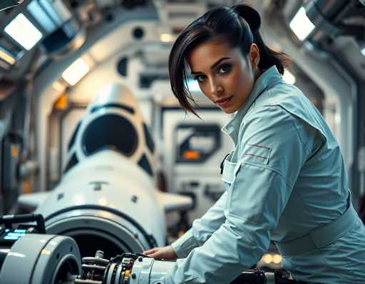 A woman in a futuristic white spacesuit leans towards a sleek, partially visible spacecraft interior. The image is bathed in cool, soft lighting, emphasizing the detailed textures of the suit and equipment. The focus is on her confident gaze, creating a sense of focused action within a clean, modern, and slightly intimate space.