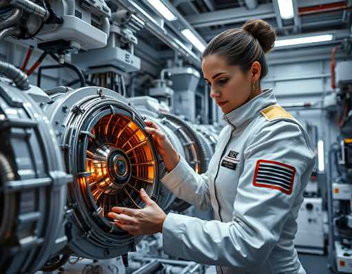 A woman in a white spacesuit examines a glowing, complex engine component in a futuristic, dimly lit space. The focus is on the intricate details of the engine's glowing core and the woman's focused hands, highlighting a sense of advanced technology and meticulous work. The art style is realistic with a slightly dramatic lighting effect, emphasizing the technological environment.