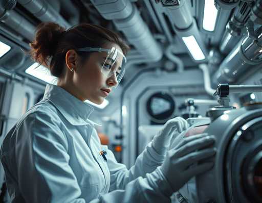 A woman wearing a white lab coat and safety goggles is examining an object with her gloved hand inside a large industrial space filled with pipes and equipment.