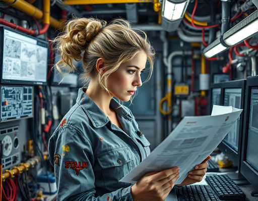 A young woman in a gray, "Stalin" branded jumpsuit intently studies technical schematics on a computer screen while working in a dimly lit, industrial-looking space filled with pipes and equipment. The art style is detailed and realistic, emphasizing a modern, possibly futuristic, technical environment.