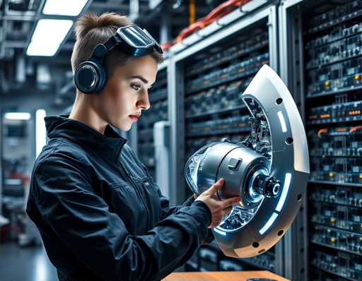 A woman wearing headphones and a black jacket is examining a silver robot with a blue head. The robot has a large head with multiple lights on it.