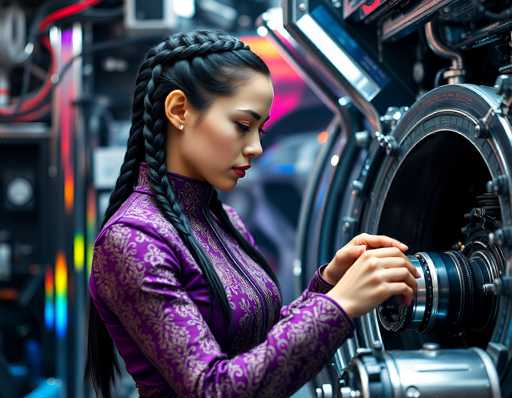 A woman in a purple, intricately patterned garment meticulously adjusts a vintage film camera. The image is set within a dimly lit, futuristic studio with glowing neon accents and complex mechanical equipment. The focus is on the woman's focused hands and the detailed camera, highlighting a blend of technology and artistry.