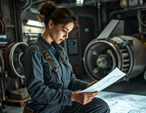 A woman in a gray jumpsuit meticulously studies technical blueprints in a dimly lit, industrial setting. She's positioned in front of large, complex machinery, suggesting an engineering or technical environment. The image has a slightly gritty, realistic aesthetic with soft lighting emphasizing the focus on the blueprints.