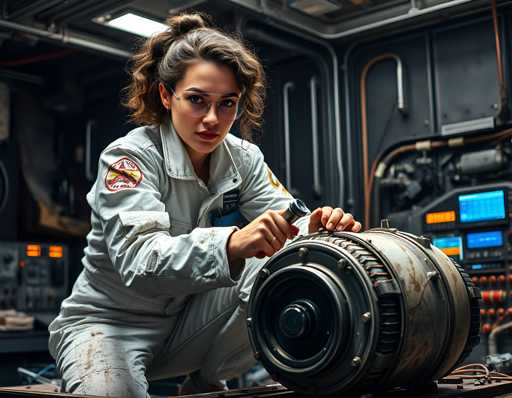 A woman with curly hair is crouched down and focused on a large black machine that she is working on. She is wearing a white jumpsuit with an emblem on the left side of her chest. The setting appears to be a workshop or garage, as indicated by the presence of various tools scattered around the space.