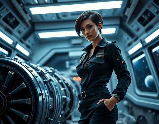 A woman stands confidently in front of a large black machine with silver accents and a futuristic design, wearing a black jumpsuit that matches the industrial aesthetic. The room is filled with various machines and equipment, suggesting a space dedicated to technology or innovation.