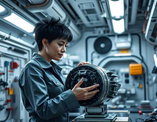 A woman with short black hair is standing in a room filled with various machines and equipment. She is wearing a blue jacket and appears to be focused on examining one of the machines. The background shows a large metal structure that resembles an engine or a complex piece of machinery.