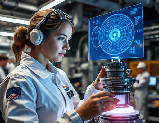A woman in a white lab coat and headset intently examines a glowing, futuristic device with a holographic display. The spatial relationship shows her hands interacting with the device while looking at the screen, suggesting a close examination. The art style is modern and technical, emphasizing advanced technology in a clean, industrial setting.