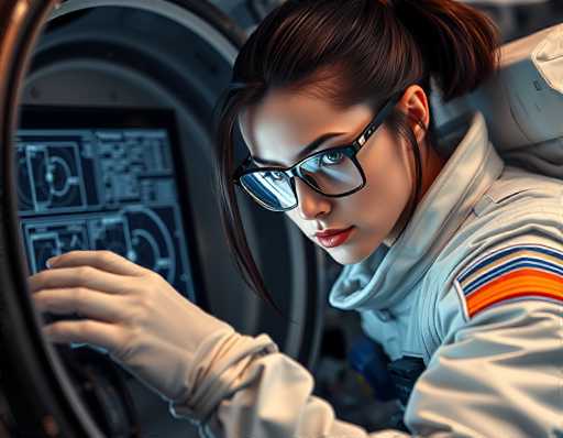An astronaut in a white spacesuit, wearing glasses and gloves, intently studies a digital control panel. The image is rendered in a detailed, futuristic art style with a focus on the astronaut's focused expression and the intricate details of the cockpit interface. The spatial relationship places the astronaut in close proximity to the screen, emphasizing a sense of immersion and control.
