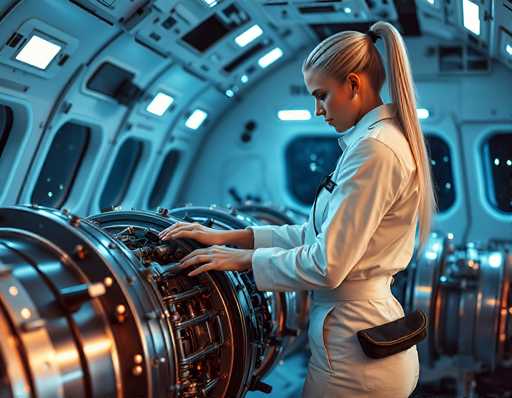 A woman in a white uniform meticulously works on a complex, gleaming engine within a futuristic aircraft's interior. The spatial relationship is intimate, highlighting the detailed mechanics and her focused interaction with them. The art style is a blend of realistic detail and a slightly stylized, cool-toned aesthetic emphasizing the technological environment.