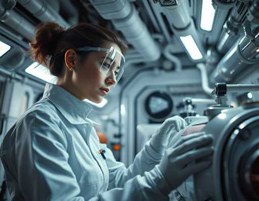 A woman in a white lab coat and safety goggles meticulously examines a complex, metallic apparatus with glowing components. The scene is set in a dimly lit, futuristic laboratory with visible pipes and equipment, bathed in cool blue light. The focus is on the woman's focused expression as she interacts with the intricate machinery, suggesting a scientific or technological environment.