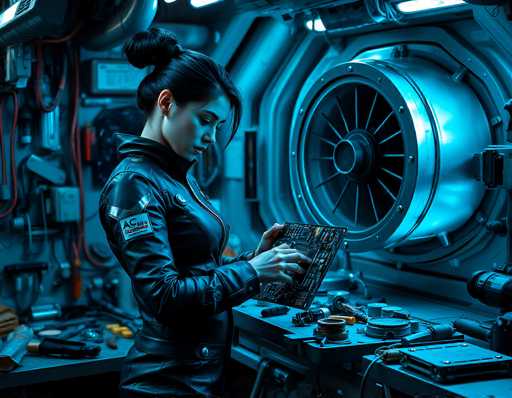 A woman in a futuristic black leather jumpsuit meticulously examines a complex circuit board on a workbench. The scene is bathed in cool blue light, highlighting the intricate details of the technology and the woman's focused expression. The spatial relationship places her at the center, surrounded by tools and a large, glowing engine component, creating an immersive, high-tech atmosphere. The art style is detailed and slightly stylized, emphasizing a sense of advanced engineering.