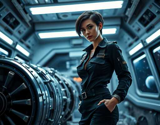 A stylish, close-up portrait of a woman in a futuristic black jumpsuit dominates the image. She stands within a spaceship's interior, surrounded by intricate mechanical components and glowing panels. The art style is highly detailed and digitally rendered, emphasizing a sleek, modern aesthetic with a focus on the woman's confident gaze.