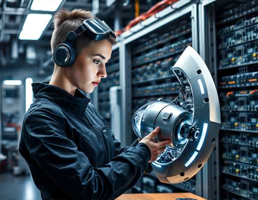 A young woman in a futuristic, dark-colored jacket and headset intently examines a complex, glowing server rack. She's holding a partially open, metallic component with intricate internal lights, suggesting advanced technology in a dimly lit, modern data center setting. The image has a clean, slightly dramatic aesthetic with a focus on detail and technological precision.