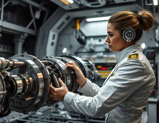 A woman in a white uniform and headset meticulously works on a complex, silver engine assembly. The image is set in a futuristic, industrial space with metallic structures and bright lighting. The focus is on the woman's hands carefully manipulating the engine components, highlighting a sense of precision and technical expertise.