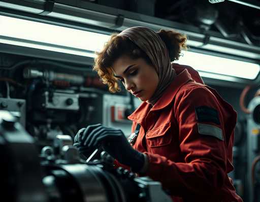 A woman with curly hair wearing a red jacket and a headscarf is working on an engine in a dimly lit garage.