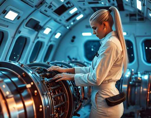 A woman with blonde hair is standing inside a large airplane cabin, wearing a white jumpsuit and focused on the engine in front of her.