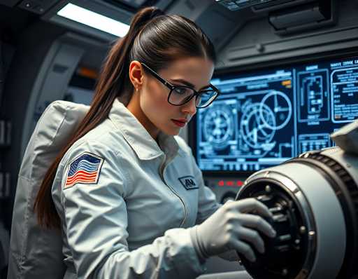 A woman in a white spacesuit is intently working on a complex, glowing digital interface in a futuristic spaceship cockpit. She's wearing large black-rimmed glasses and white gloves, her dark hair pulled back in a ponytail. The cockpit is filled with glowing screens displaying intricate technical diagrams and data, suggesting she's engaged in a critical task. The overall atmosphere is one of focused precision and advanced technology, typical of a science fiction setting.