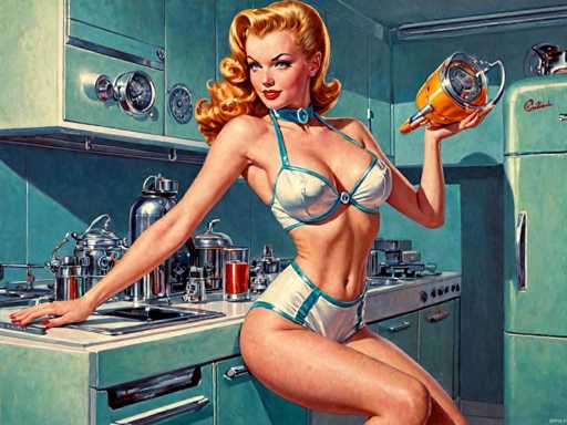 The image depicts a woman wearing a white bikini top and matching swimsuit standing on the kitchen counter next to an oven. She is holding a yellow container with her left hand while her right hand rests on the countertop. The background features a blue wall adorned with various appliances such as a refrigerator, sink, and stove.