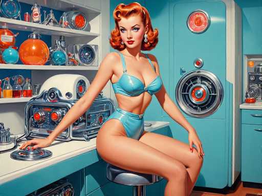 The image depicts a woman wearing a blue bikini top and matching swimsuit sitting on a stool at the counter of an old-fashioned kitchen with a blue refrigerator and cabinets. The kitchen is filled with various objects such as bottles, bowls, and other items that suggest it's a well-used space.