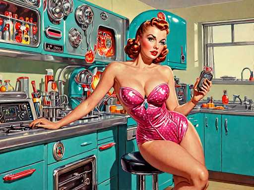 The image depicts a woman wearing a pink corset and a matching pink dress standing on a stool next to an oven in a kitchen with blue cabinets. The woman is holding a phone in her hand.