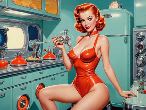 The image depicts a woman wearing an orange swimsuit and holding a camera with her right hand while sitting on a stool in front of a blue refrigerator. The background features various kitchen appliances such as a sink, oven, and microwave.