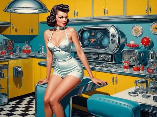 The image depicts a woman wearing a white dress and high heels standing on a blue stool in front of a kitchen with yellow cabinets and appliances such as an oven and a stove top. The background features various objects including a clock, a vase, and a bottle.