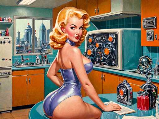 A vintage-style illustration depicts a curvaceous blonde woman in a form-fitting purple swimsuit, seated at a teal kitchen table. She's positioned with her back to the viewer, looking over her shoulder at a retro kitchen setup featuring orange cabinets, chrome appliances, and a vibrant cityscape through the window. The art style is reminiscent of mid-20th-century pin-up art, emphasizing curves and bold colors.