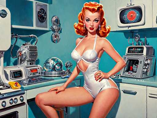 The image depicts a woman with red hair and an orange dress standing in front of a kitchen counter filled with various appliances including a microwave, oven, and sink. The background features blue walls and a white ceiling, creating a vintage atmosphere.