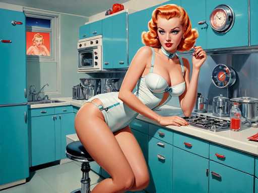 The image depicts a woman wearing a white swimsuit and red lipstick standing in front of a blue kitchen with a stove and sink. The woman is positioned on the left side of the frame, while the right side features a window that allows natural light to enter the room.