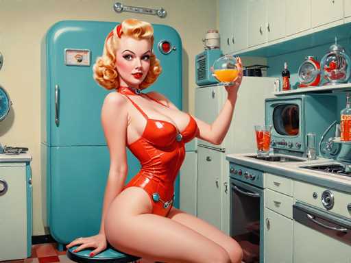 A vintage-style, retro kitchen scene features a curvaceous woman in a red form-fitting swimsuit sitting on a stool. She holds an orange glass, gazing at the viewer with a playful expression. The kitchen is filled with mid-century appliances like a turquoise refrigerator and a retro stove, bathed in warm lighting. The art style is highly stylized, reminiscent of vintage pin-up art.