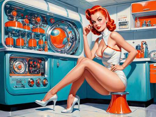 The image depicts a woman with red hair and white clothing seated on an orange stool in front of a blue and white industrial-style kitchen. The kitchen features various appliances such as a refrigerator, oven, and sink, suggesting it is designed for efficiency and functionality.