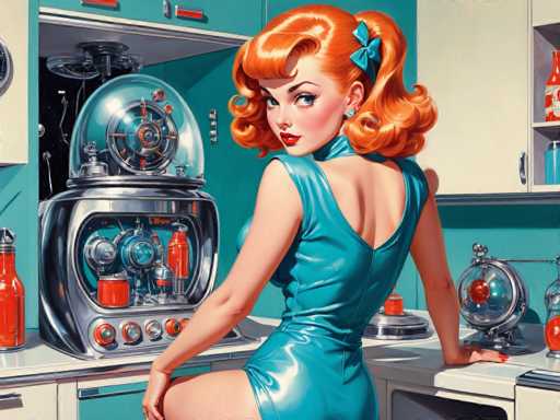 A retro-futuristic kitchen scene features a stylish woman with vibrant orange hair in a teal form-fitting dress, leaning against a gleaming chrome appliance. The kitchen is rendered in a vintage, slightly stylized digital art style with bold colors and clean lines, emphasizing a mid-20th-century aesthetic.