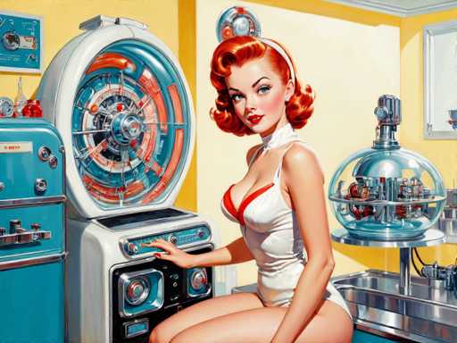 A vintage-style illustration features a woman with vibrant red hair and a retro bathing suit operating a futuristic, chrome-laden device. The scene is filled with detailed mechanical components and dials, bathed in a warm, slightly nostalgic lighting. The spatial arrangement places the woman centrally, interacting with the machine, emphasizing a retro, possibly science fiction, aesthetic.