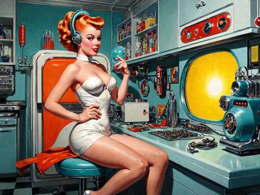 A retro-futuristic scene depicts a stylish, blonde woman in a white jumpsuit seated at a vintage radio console. She's wearing large headphones and holds a blue microphone, gazing towards the viewer with a confident smile. The image showcases a vibrant, mid-century aesthetic with bold colors and detailed gadgets, emphasizing a playful, retro vibe.