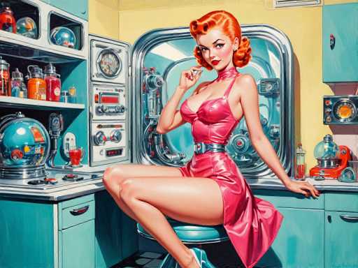 A retro-futuristic diner scene features a woman with vibrant red hair in a pink dress, seated on a teal stool amidst a collection of vintage kitchen appliances. The art style is highly stylized, with bold lines and a focus on vibrant color, evoking a mid-20th century aesthetic.