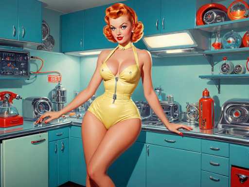 A vibrant, retro-style image features a curvaceous woman in a yellow form-fitting bathing suit posing in a pastel teal kitchen. Vintage appliances like a chrome radio and a retro stove are scattered around, creating a playful, mid-20th-century aesthetic. The focus is on the woman's figure and the bright, stylized kitchen setting.